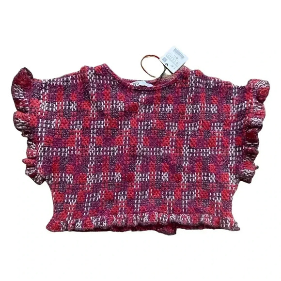 NWT Zara RUFFLED KNIT Cropped TOP Sweater Multi Color plaid - Picture 5 of 12